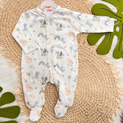 Macacão Dinos Baby com Abertura em Zíper - Off White e Colorido